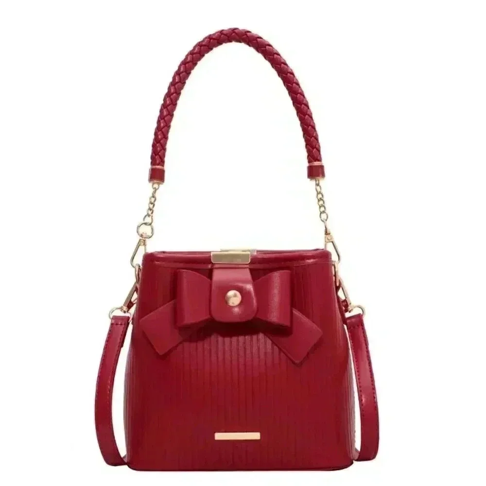 New Women Red Casual Bow Decorated Bucket Crossbody Bag